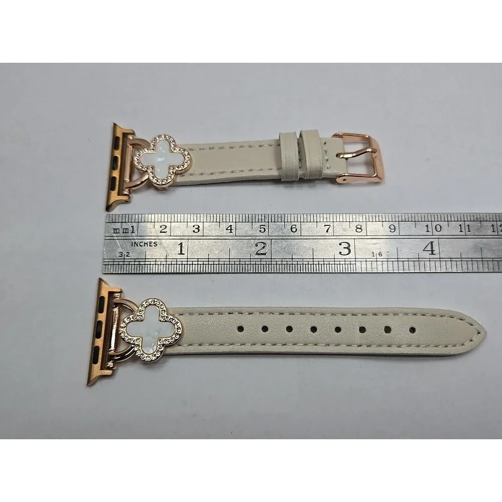 BCBG Apple Watch Cream Band White Clover Rhinestone 38 40 41mm Rose Gold Tone